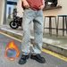 Fleece-Lined Relaxed Fit Jeans – Vintage Washed Straight-Leg Denim Pants With Hand-Painted Fading (Low Waist, No Stretch, Cold Weather Ready)_viptrois.com
