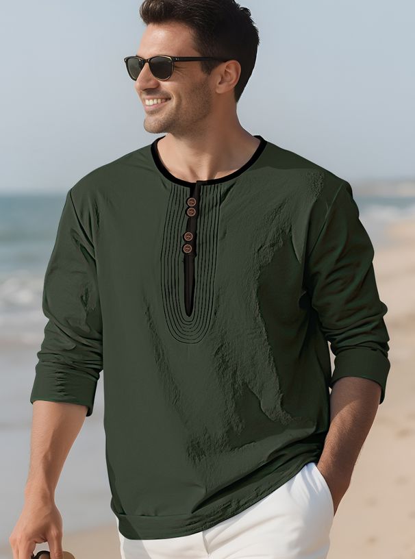 Men's Clothing New Casual Beach Men's Shirt European And American Cotton And Linen Middle Eastern Desert Style Long Sleeved Polo Shirt_viptrois.com