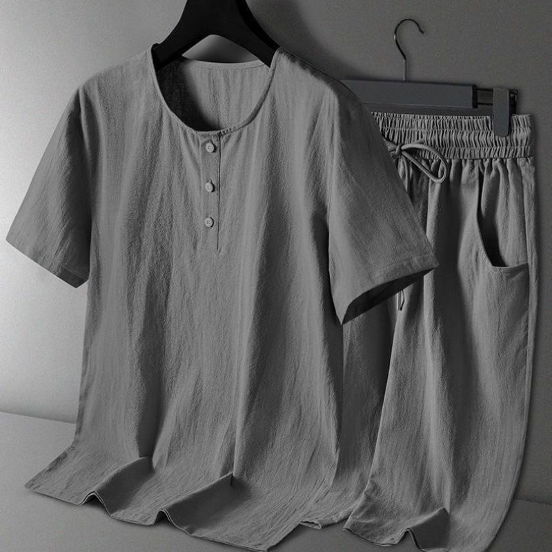 Men's Clothing Cotton And Linen Tang Suit Men's Chinese Summer Thin Short Sleeved T Shirt Linen Suit Chinese Style Men's Hanfu Grandfather Clothes_viptrois.com