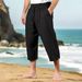 Men's Clothing Casual Summer Waist Drawstring Multi Pocket Cotton And Linen Cropped Trousers Beach Pants_viptrois.com