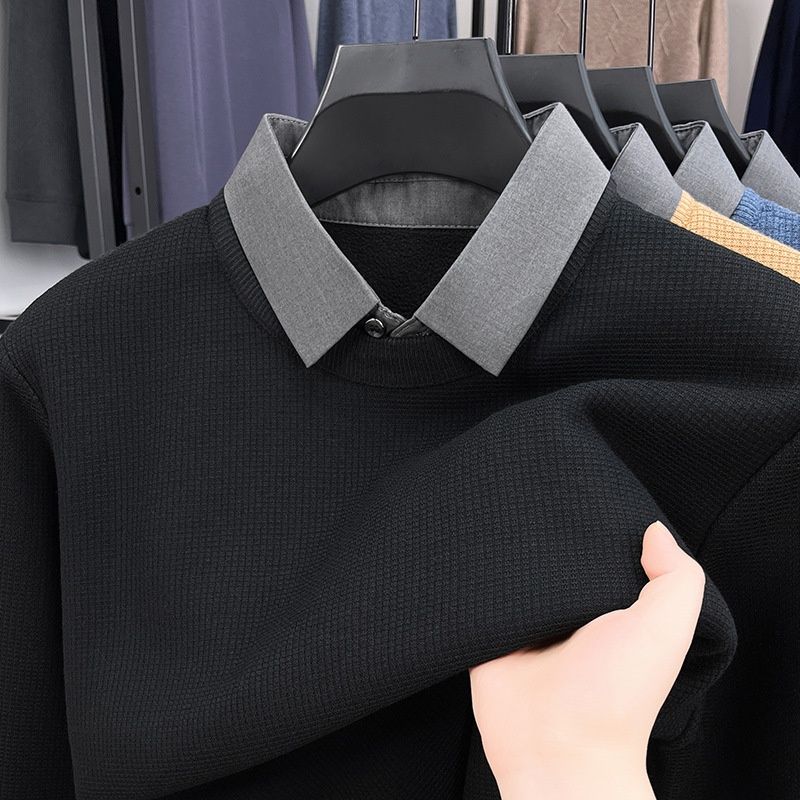 Men's Winter New Two-Piece Turn-Down Collar Fleece-Lined Thick Solid Color Long Sleeve T-Shirt Sweater Knitwear_viptrois.com