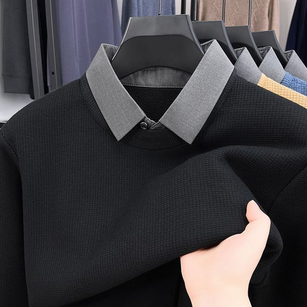 Men's Winter New Two-Piece Turn-Down Collar Fleece-Lined Thick Solid Color Long Sleeve T-Shirt Sweater Knitwear_viptrois.com