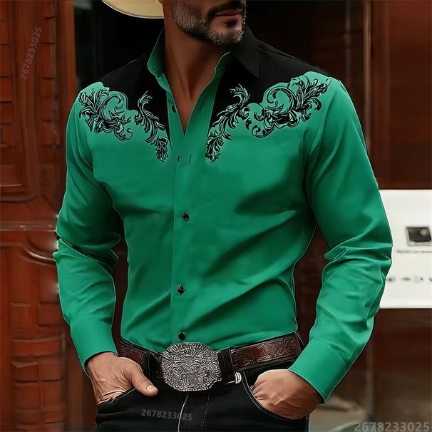 Men's Western Cowboy Long-Sleeve Shirt, Black & White Block Print, Retro Casual, High-Quality Fabric_viptrois.com