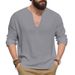 Autumn New American Loose Breathable Linen Casual Men's V Neck Design Large Size Long Sleeved T Shirt_viptrois.com