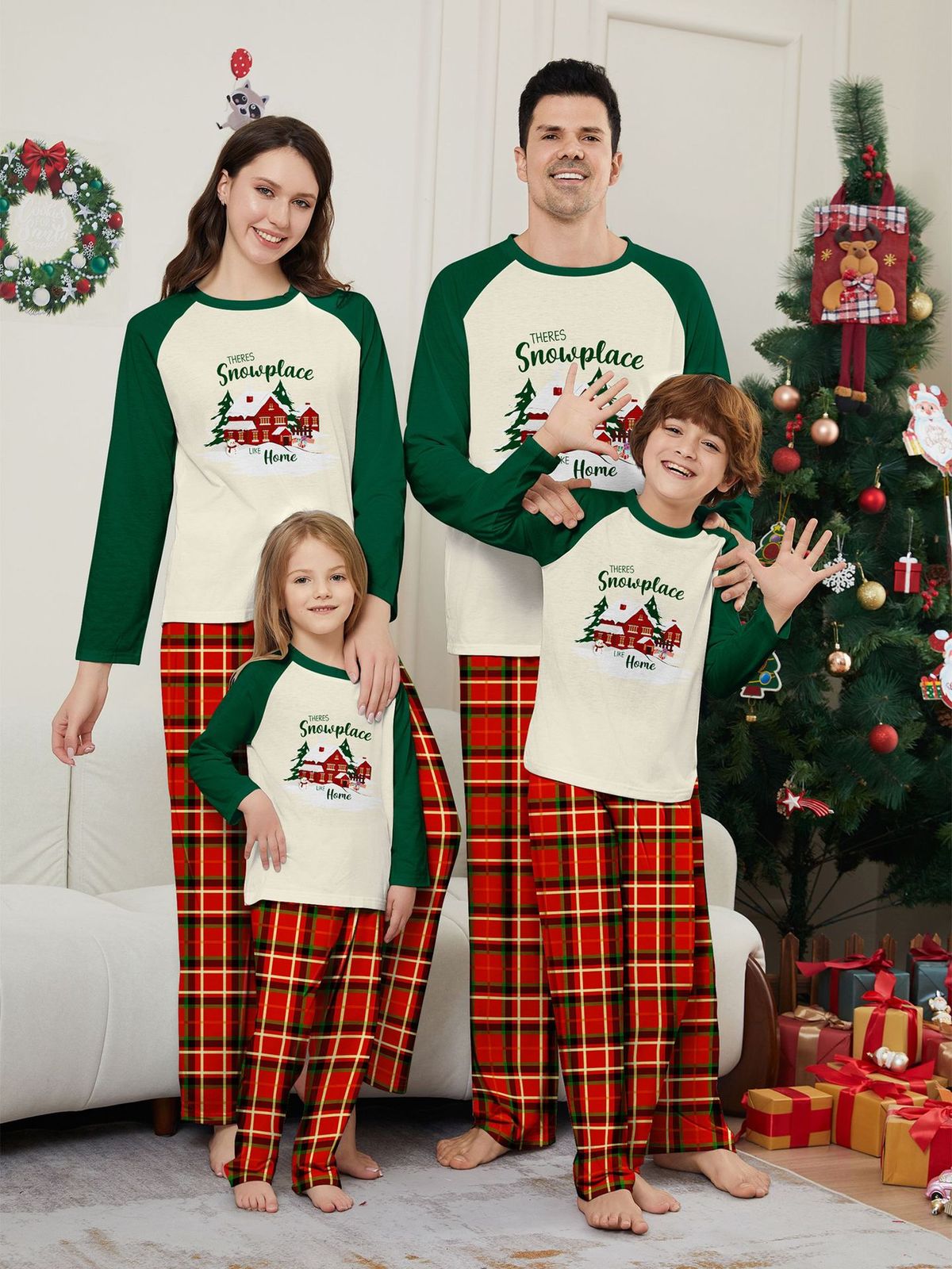 Christmas cottage alphabet plaid Christmas family dress printed homewear pajamas_viptrois.com