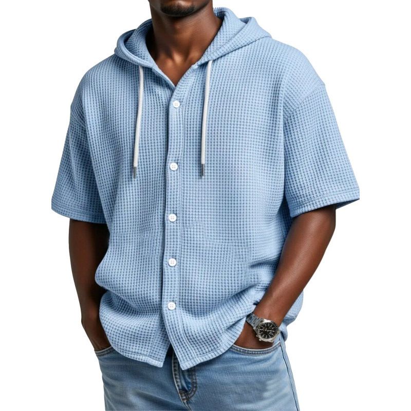 Men's Waffle Knit Hooded Short Sleeve T-Shirt - Casual Loungewear, Streetwear Essential, Soft Breathable Fabric, Relaxed Fit For Spring Summer Autumn_viptrois.com