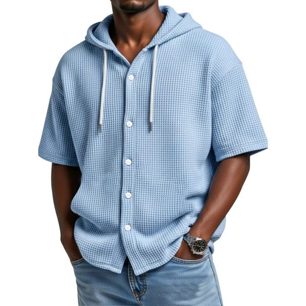 Men's Waffle Knit Hooded Short Sleeve T-Shirt - Casual Loungewear, Streetwear Essential, Soft Breathable Fabric, Relaxed Fit For Spring Summer Autumn_viptrois.com