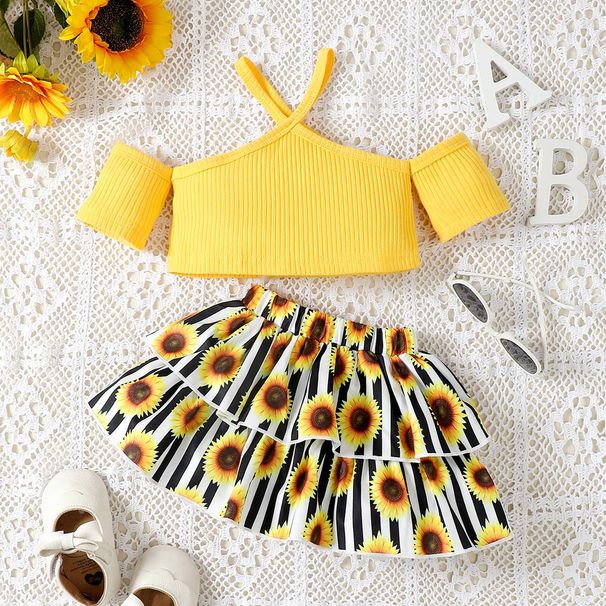 Hot Selling Girls European And American Solid Color T Shirt Sunflower Cake Skirt Suit_viptrois.com
