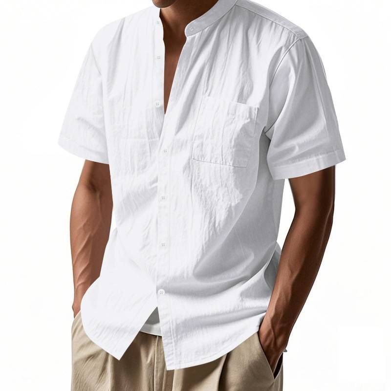25 European And American Men's Summer Loose Linen Cardigan Solid Color Casual Stand-up Collar Beach Short-sleeved Shirt_viptrois.com