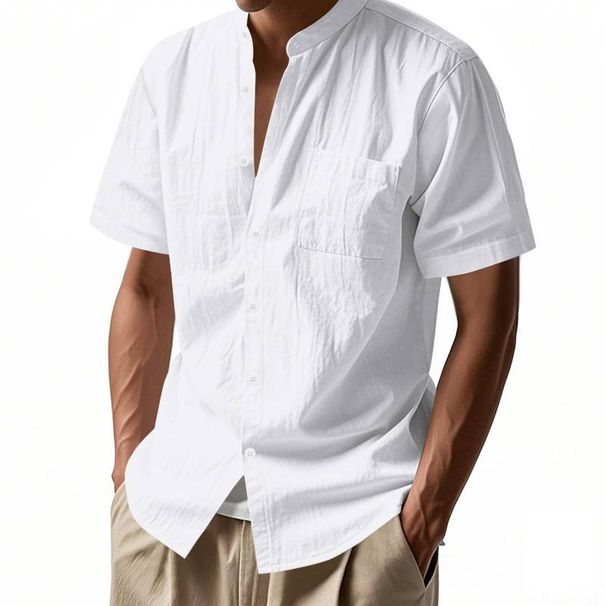 25 European And American Men's Summer Loose Linen Cardigan Solid Color Casual Stand-up Collar Beach Short-sleeved Shirt_viptrois.com