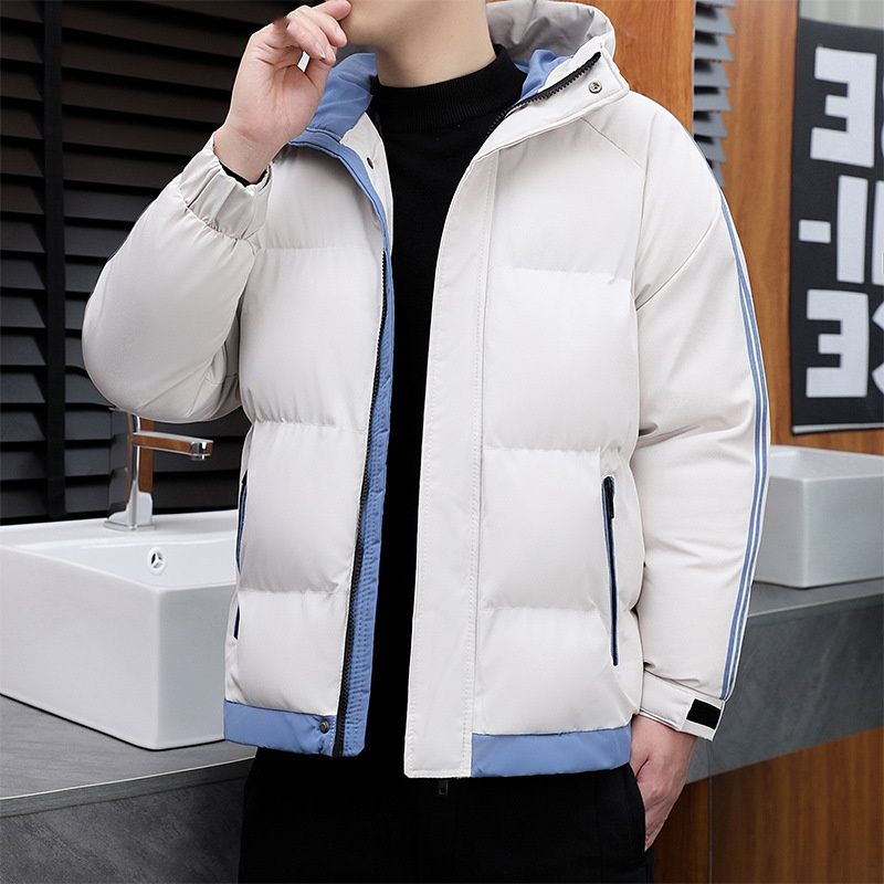 Winter New Down Cotton-padded Jacket, Thickened With A Hat And Two Stripes, Breaded, Cotton-padded Jacket, Men's Color-blocked Coat_viptrois.com