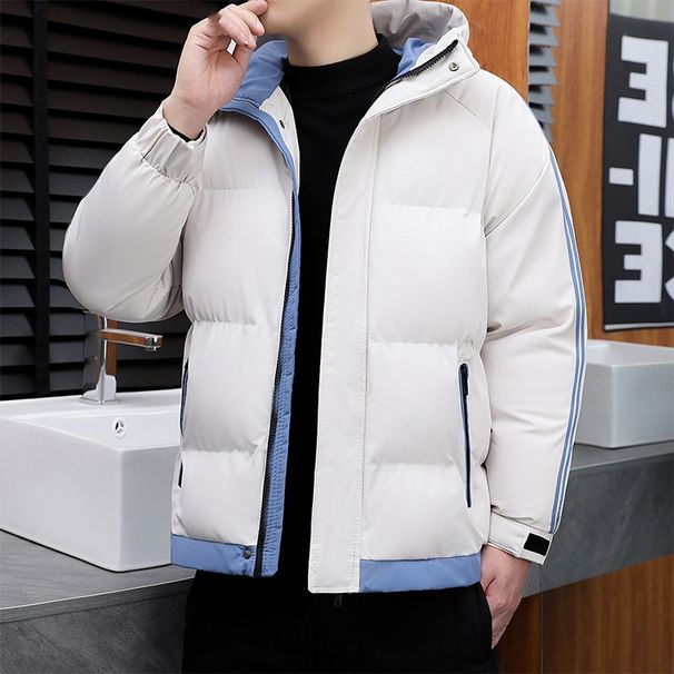 Winter New Down Cotton-padded Jacket, Thickened With A Hat And Two Stripes, Breaded, Cotton-padded Jacket, Men's Color-blocked Coat_viptrois.com