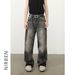 Men's Clothing New Raw Edge Washed Grey Jeans Men's Personalized Cat Whisker Loose Straight Wide Leg Trousers_viptrois.com