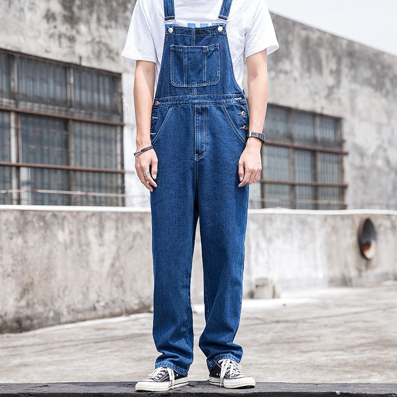 Man's clothing Light blue overalls men's trend loose straight leg cargo denim suspender Daddy retro jumpsuit_viptrois.com