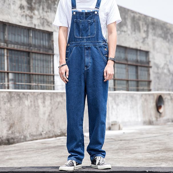 Man's clothing Light blue overalls men's trend loose straight leg cargo denim suspender Daddy retro jumpsuit_viptrois.com