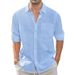 Men's Clothing Foreign Trade Cotton And Linen Shirt Thin Lapel Tie Pocket Linen Long Sleeved Shirt Men_viptrois.com