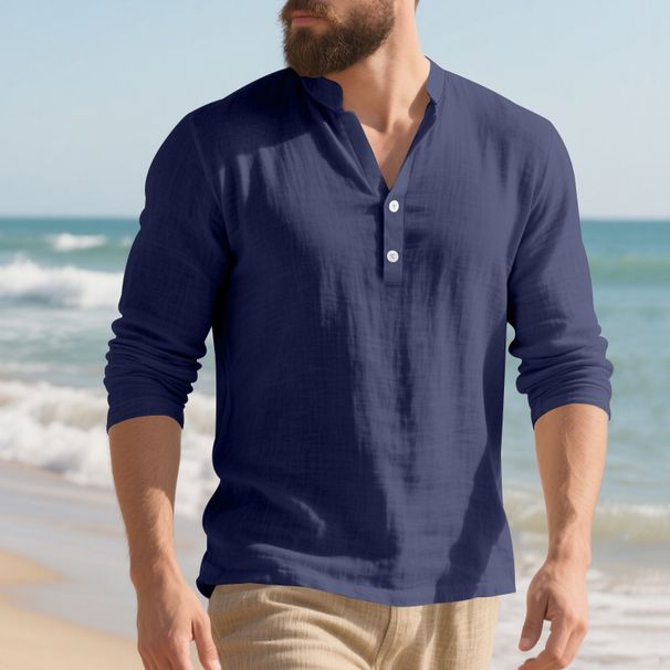 Breathable Linen Henley Neck Long Sleeve T-Shirt For Men - Relaxed Fit, Casual Comfort, Summer Essential_viptrois.com