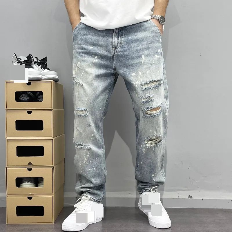 2025 High Street Ink Splashed Hole Jeans Men's Thin Washed Personality Loose Beggar Pants Handsome Straight Pants_viptrois.com