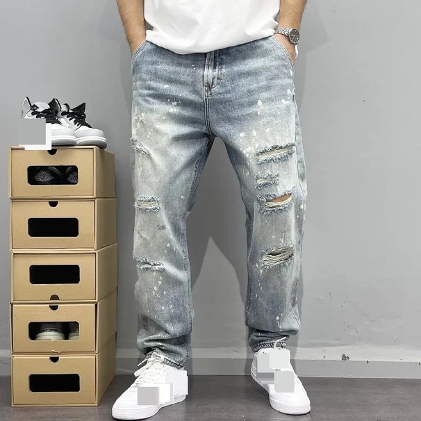 2025 High Street Ink Splashed Hole Jeans Men's Thin Washed Personality Loose Beggar Pants Handsome Straight Pants_viptrois.com