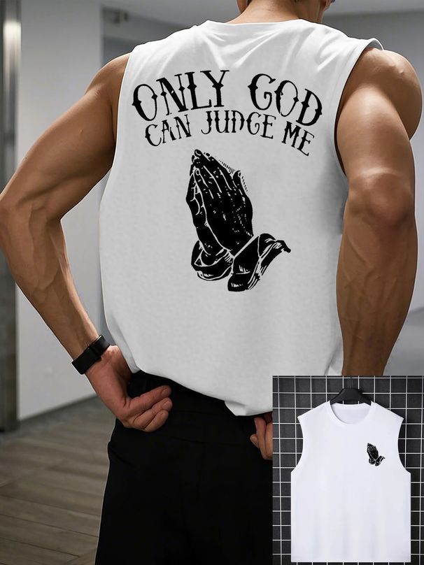 100% Pure Cotton Men's Summer Casual Sports Fitness Loose Only GOD CAN JUDGE ME Printed Breathable Round Neck Sleeveless Vest_viptrois.com