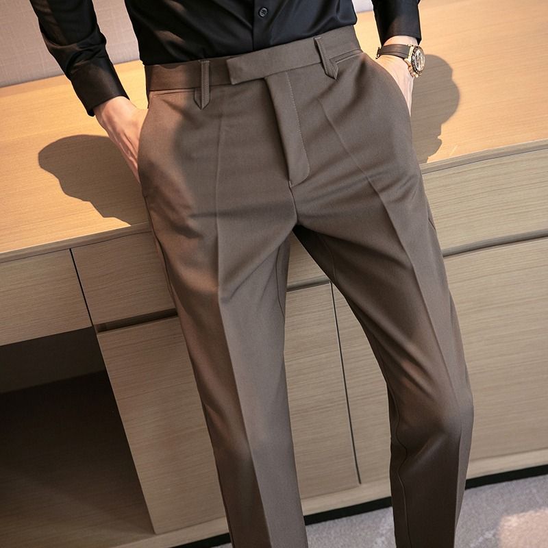 Men's Clothing Style Men's Suit Trousers, Men's Coffee Color, High-End And Handsome Formal Business Suit Trousers, Summer Slim-Fit Drape Trousers_viptrois.com
