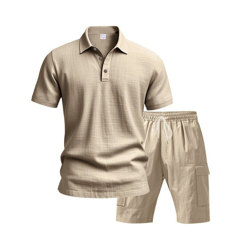 Men's Summer Short Sleeve Casual Suit Loose Fit American Style Linen Breathable Outdoor Work Shorts Black Gray Khaki_viptrois.com