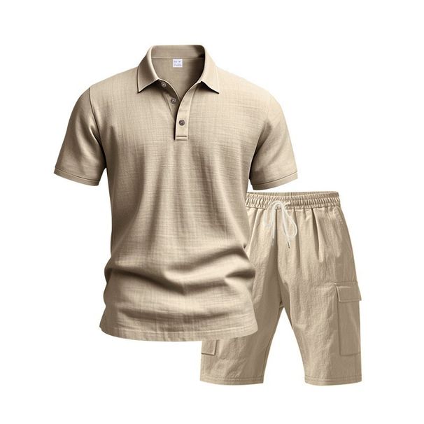 Men's Summer Short Sleeve Casual Suit Loose Fit American Style Linen Breathable Outdoor Work Shorts Black Gray Khaki_viptrois.com