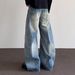 American High Street Cleanfit Bamboo Pattern Distressed Curved Jeans For Boys Straight Leg Slightly Flared Pants Trendy_viptrois.com