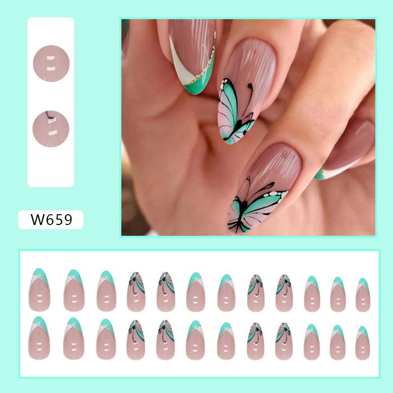 Nails Art Triangle Stitching Lake Green Fresh Almond Armor Cute Butterfly Nail Wearable Manicure Pieces Finished Batch_viptrois.com