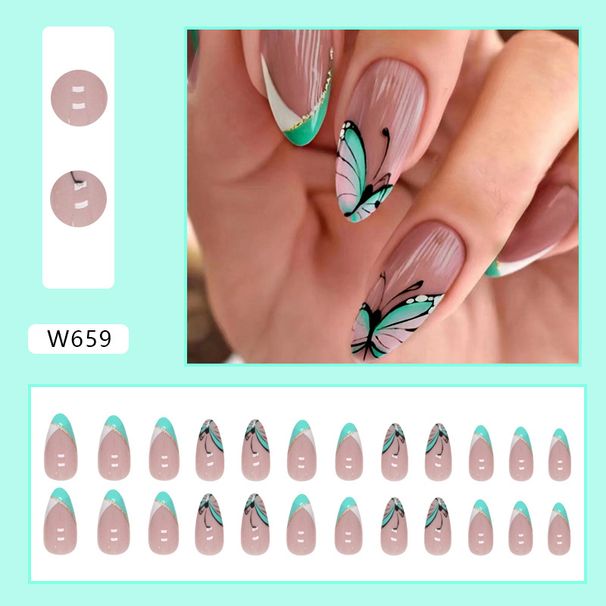 Nails Art Triangle Stitching Lake Green Fresh Almond Armor Cute Butterfly Nail Wearable Manicure Pieces Finished Batch_viptrois.com