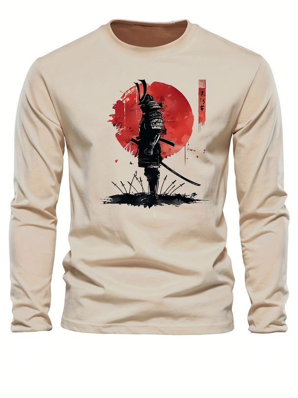Men's Spring And Autumn Cotton Loose And Comfortable Versatile Japanese Samurai Pattern Printed Round Neck Long Sleeve T-shirt Top_viptrois.com