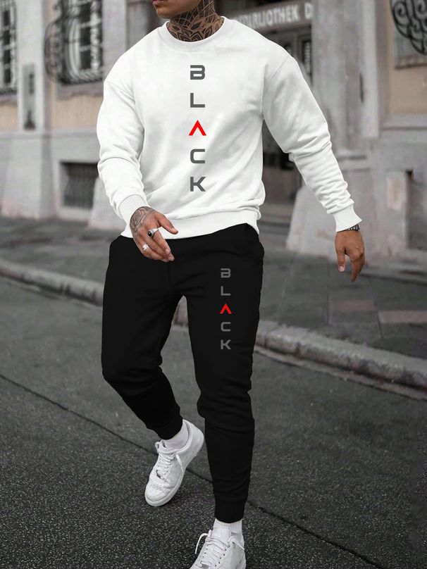 Men's Autumn And Winter Casual Warm BLACK Letter Printed Loose Thick Velvet Round Neck Sports Shirt+sports Pants Set_viptrois.com