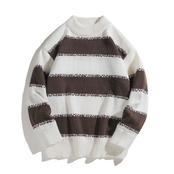 Men's Classic Striped Sweater – Retro Knit Pullover With Color-Blocking Design (M-3XL, Grey/Deep Brown/Navy, Slim Fit, Unisex Casual)_viptrois.com