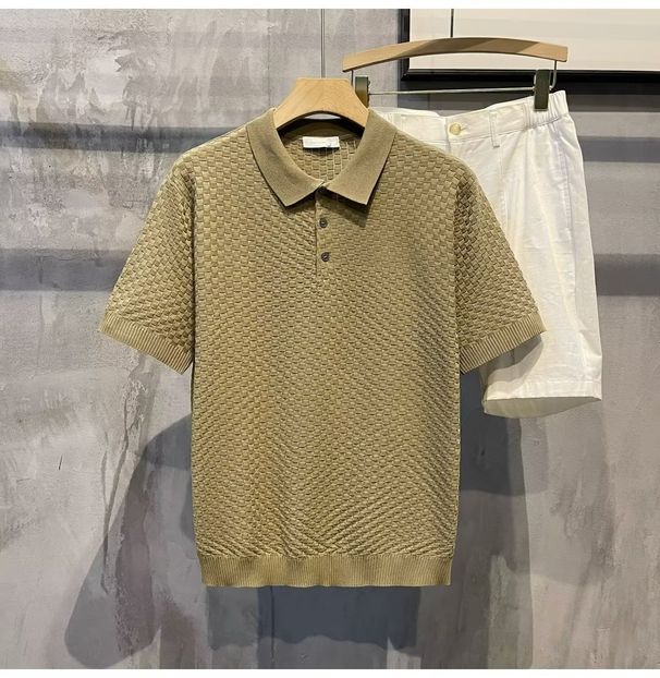 Men's Clothing Summer New Ins Lapel Short Sleeved Polo Shirt Men's Light Luxury All Match Solid Color Plaid Texture T Shirt_viptrois.com