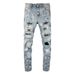 Men's Clothing Washed Cat Whisker Wrinkled Holes Splash Diamond Blue Elastic Slim Fit Skinny Jeans_viptrois.com