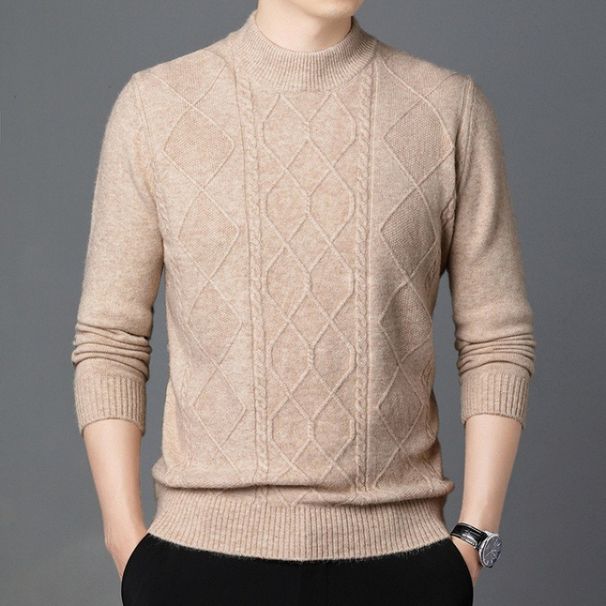 Jacquard Sweater Men's Autumn And Winter Warm Round Neck Knitted Sweater Slim Fitting Thread Jacket_viptrois.com
