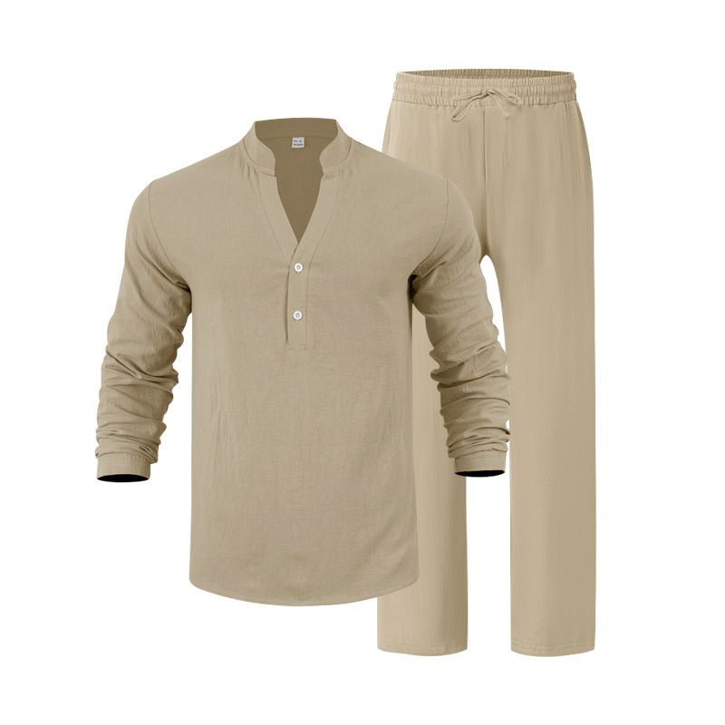 Men's Loose Casual V-Neck Henley Shirt Long Sleeve Breathable Linen Cotton Polyester Blend For Autumn In Black Gray Khaki_viptrois.com