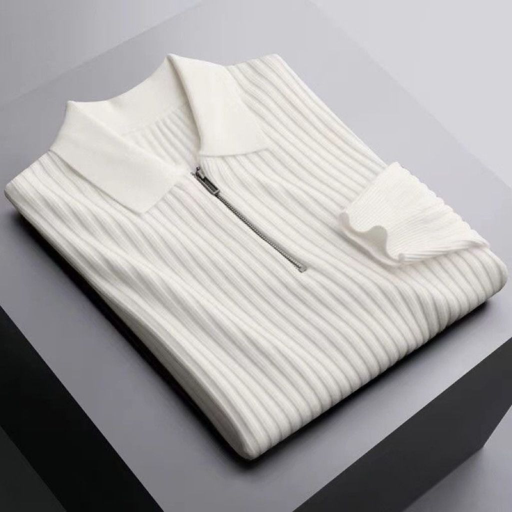 New Style Lapel Knitted Polo Shirt Warm Ribbed Sweater Men's Autumn And Winter Light Business Half Zip Top Trend_viptrois.com