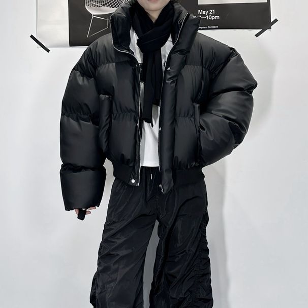 American Style Winter Retro PU Leather Loose Short Jacket For Men And Women Stand Collar Niche High-end Thickened Coat_viptrois.com