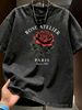 Vintage Washed T-Shirt, Men's Retro Red Rose Graphic, Aesthetic Romantic Style, Casual Loose Street Tee_viptrois.com