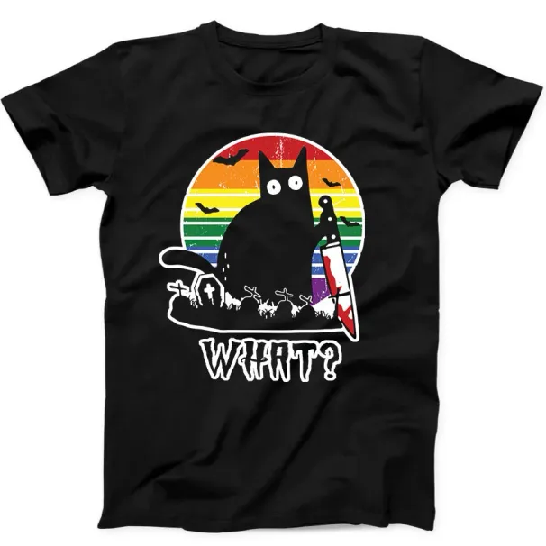 Cat What Murderous Black Cat With Knife Meme Funny Gift Black T Shirt Mens Womens Tees Top 245_viptrois.com