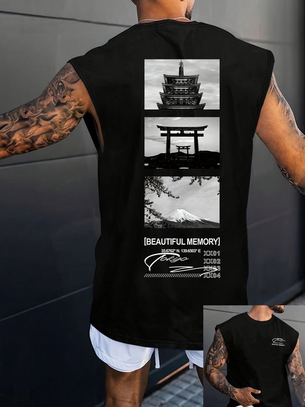 100% Pure Cotton Men's Summer Leisure Sports Fitness Loose Fit Fuji Mountain Pattern Printed Breathable Round Neck Sleeveless Vest_viptrois.com