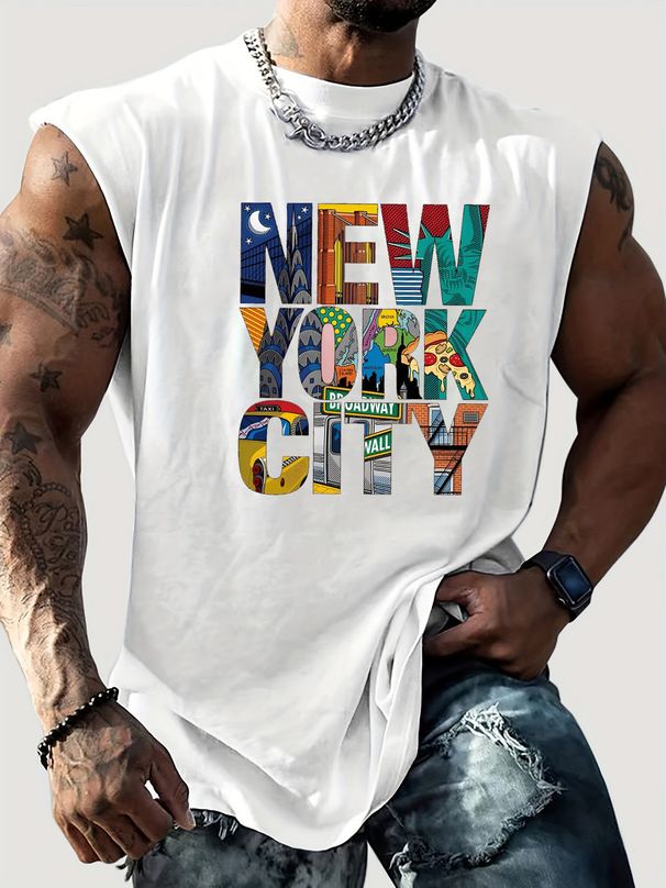 100% Pure Cotton Men's Summer Casual Sports Fitness Loose New York Letter Pattern Printed Breathable Round Neck Sleeveless Vest_viptrois.com