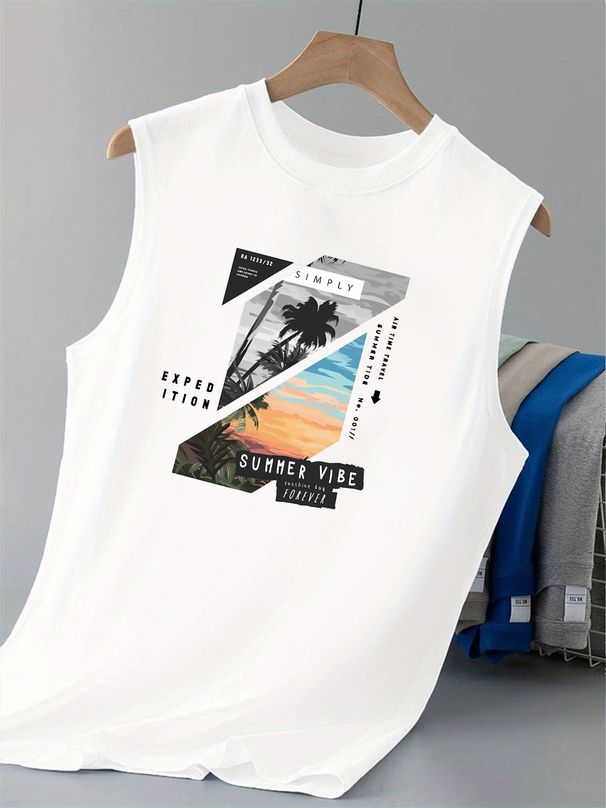 100% Pure Cotton Men's Summer Casual Sports Fitness Loose Beach Landscape Pattern Printed Breathable Round Neck Sleeveless Vest_viptrois.com