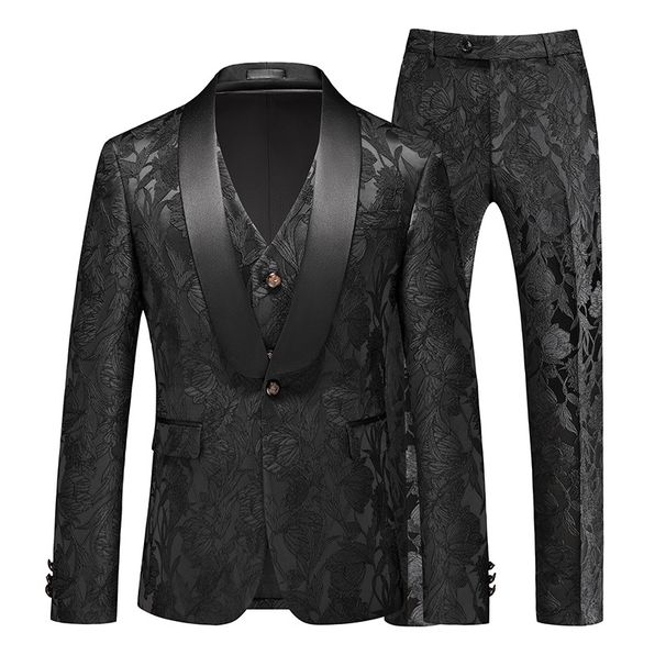 Men's Clothing Green Fruit Collar British Style Slim Fit Jacquard Suit Three Piece Suit For Men Business Banquet Host Emcee Suit For Men_viptrois.com
