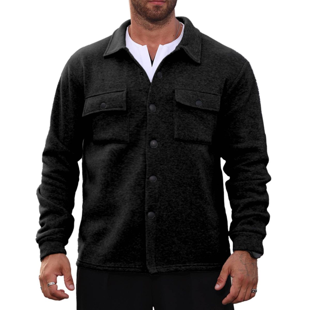 2025 European And American Autumn Men's Fleece Jacket, Lapel Single-breasted, Slim And Casual Solid Color Coat_viptrois.com