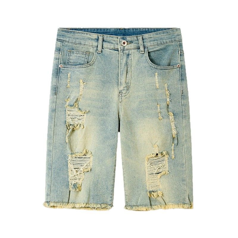 Men's Distressed Denim Shorts | Raw Hem Washed Blue 5-Inch Inseam Casual Shorts For Streetwear_viptrois.com