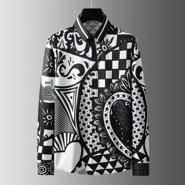 Loom Spring Summer New Graffiti Geometric Alignment Patchwork Print Long Sleeve Men's Trendy Stylish Vertical Floral Shirt_viptrois.com