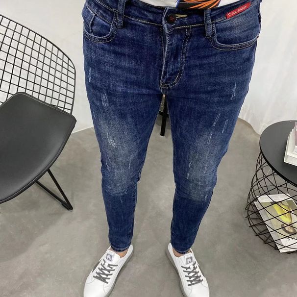 Men's Clothing Autumn And Winter Label Dark Blue Slim Fit Nine Point Jeans For Men With Skinny Feet Slim And Energetic Young Men's Long Pants_viptrois.com