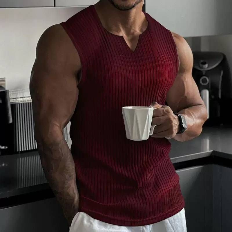 2025 Summer Knitted Vertical Stripe Fitness Sports Slim-fitting V-neck Wide Shoulder Tank Top_viptrois.com